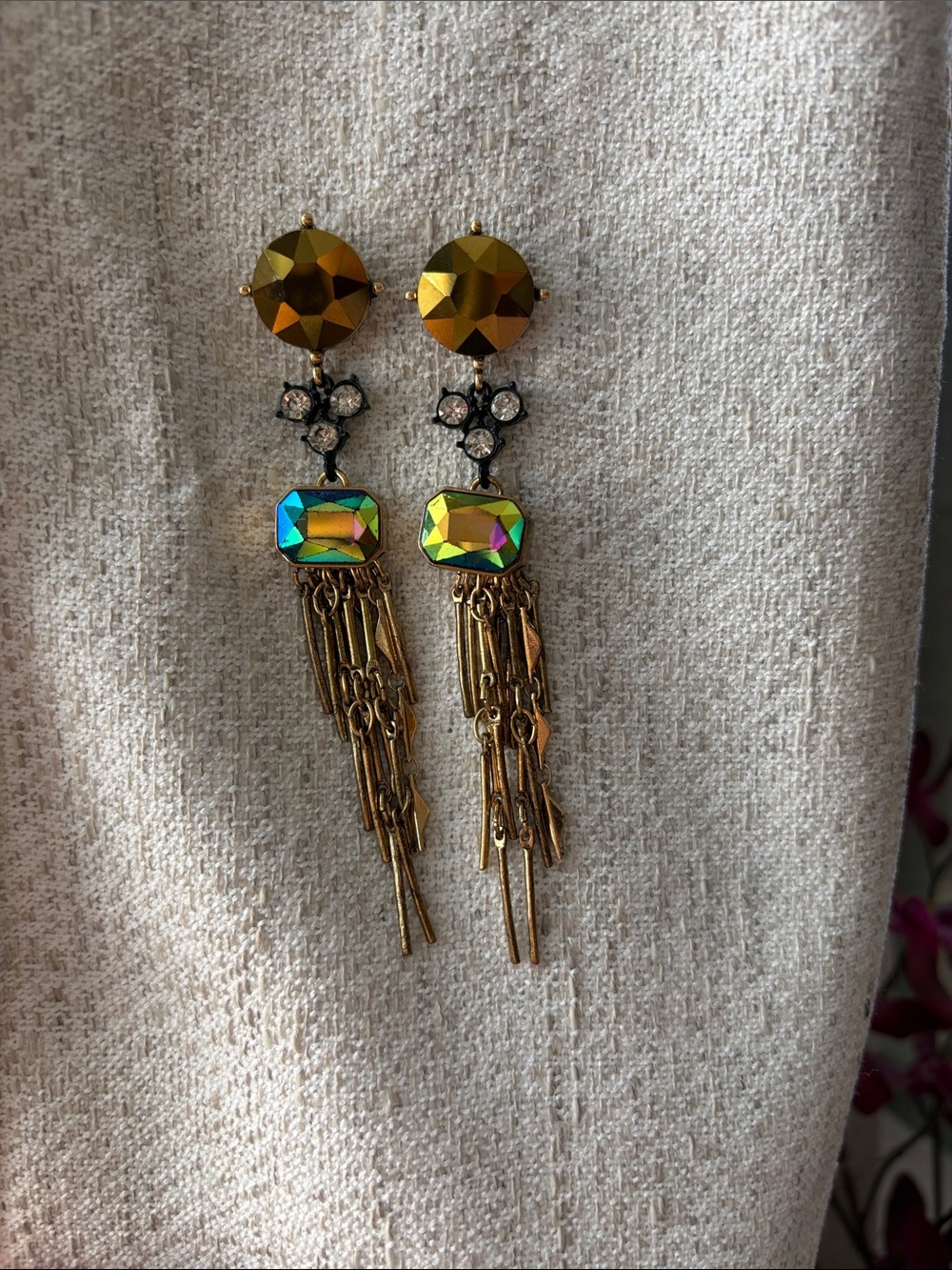 Gold-Tone Fringe Drop Earrings with Iridescent Crystal Accent